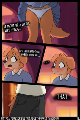 anthro blurred_background blush bodily_fluids bottomwear clothed clothing clothing_lift dialogue dripping_vulva erection erection_under_clothing female fur genital_fluids genitals interrupted_speech male open_mouth panties shirt simple_background speech_bubble tail text topwear underwear vaginal_fluids voyeur vulva wet wet_clothing wet_panties wet_underwear young young_anthro young_female young_male imprettynormai erin_(imprettynormai) sam_(imprettynormai) canid canine mammal 2:3 absurd_res comic hi_res brother_(lore) brother_and_sister_(lore) incestuous_voyeur_(lore) sibling_(lore) sister_(lore)