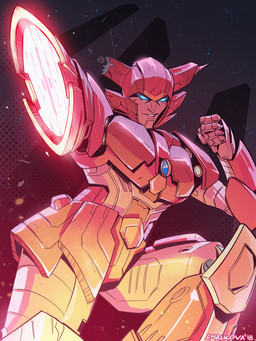 autobot blue_eyes fingers gun handgun holding_object holding_weapon looking_at_viewer machine not_furry open_mouth pink_body ranged_weapon simple_background smile smirk solo standing teeth weapon larrydraws hasbro takara_tomy transformers elita-one cybertronian humanoid living_machine robot 2018 digital_media_(artwork) hi_res