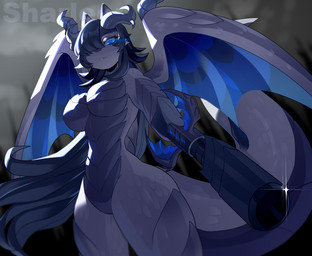 anthro arm_cannon big_breasts biped blue_eyes blue_wings breasts cannon dragon_wings featureless_breasts featureless_crotch female grey_body grey_hair grey_tail hair horn long_hair looking_at_viewer non-mammal_breasts non-mammal_hair nude nude_anthro one_eye_obstructed pointy_ears ranged_weapon scales simple_background solo tail thick_tail thick_thighs ventral_scales weapon weapon_arm wide_hips wings txmie mythology sharleen_the_dragoncat dragon felid hybrid mammal mythological_creature mythological_scalie scalie hi_res