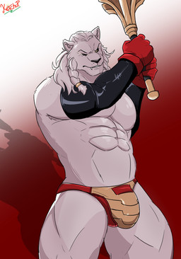 anthro arm_warmers armwear biceps black_arm_warmers black_armwear black_clothing bulge clothing dreadlocks fur gloves hair handwear holding_object holding_weapon mace male melee_weapon muscular muscular_anthro muscular_male muscular_thighs pecs solo underwear weapon white_body white_fur white_hair overly_ketchup image_comics invincible_(image_comics) thokk_(invincible) dornian felid lion mammal pantherine absurd_res hi_res