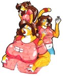 accessory anthro belly big_belly big_breasts blue_eyes bottomwear breasts brown_hair clothing deep_navel expansion eyes_closed female fur furgonomics hair huge_breasts jewelry multicolored_body multicolored_fur navel nipple_outline obese obese_anthro obese_female open_mouth overweight overweight_anthro overweight_female pants ring shirt solo tail tail_accessory tail_jewelry tail_ring topwear torn_clothing torn_shirt torn_topwear two_tone_body two_tone_fur weight_gain danellz kathy_(danellz) felid lion mammal pantherine 2006 traditional_media_(artwork)