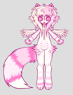 anthro belly_nipples big_tail blonde_hair eyebrows feathered_wings feathers female hair heart_eyebrows heart_eyes heart_symbol leg_scar long_tongue markings mole_(marking) pawpads pink_body pink_hair pink_pawpads scar self-harm_scars solo split_hair spread_wings standing stitch_(sewing) stripes tail thigh_scar tongue wings kittencrumb rj_(kittencrumb) angel domestic_cat felid feline felis mammal hi_res