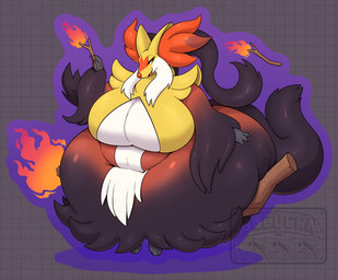 3_fingers anthro big_breasts big_butt black_body black_fur breasts broom broom_riding butt cleaning_tool female fingers fire fur holding_object holding_stick huge_breasts huge_butt inner_ear_fluff obese obese_anthro obese_female open_mouth open_smile orange_body orange_eyes orange_fur orange_nose overweight overweight_anthro overweight_female smile solo standee stick thick_thighs tuft white_body white_fur wide_hips yellow_body yellow_fur oreocakes nintendo pokemon pokemon_legends_z-a canid canine generation_9_pokemon mammal mega_delphox mega_evolution pokemon_(species) 2025 hi_res signature