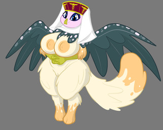 anthro beak belly big_breasts big_butt breasts butt claws clothing eyelashes feathers female fluffy fluffy_tail fur genitals hands_folded hat headgear headwear nipples paws shawl simple_background slightly_chubby small_beak solo standing tail veil vulva wide_hips wings villegreen mythology avian gryphon mythological_avian mythological_creature hi_res