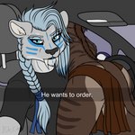 anthro bent_over black_nose blue_eyes blue_hair bodypaint bottomwear braided_hair brown_body brown_fur brown_hair butt car car_interior clothed clothing drive-thru duo face_paint fangs fur grey_body grey_fur hair inside_car inside_vehicle leaning_over loincloth looking_at_viewer male ordering_food partially_clothed rear_view sabertooth_(anatomy) teeth vehicle big_chief_bakari_(artist) he_wants_to_order snapchat bakari_abamwemwande_(character) steingrimr_(character) felid mammal prehistoric_species saber-toothed_tiger 1:1 hi_res meme