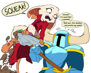 anthro armor biped breastplate buckteeth claws clothing coat dialogue dirt duo female fur gauntlets gem gloves handwear headgear helmet holding_object holding_shovel holding_tool horn horned_helmet knight male notched_ear open_mouth pauldron pink_nose red_clothing red_coat red_topwear shovel speech_bubble squeaking surprised teeth text toe_claws tools topwear warrior white_body white_fur daaberlicious mina_the_hollower shovel_knight yacht_club_games mina_(mina_the_hollower) shovel_knight_(character) human mammal mouse murid murine rodent 2026 crossover digital_media_(artwork) english_text hi_res