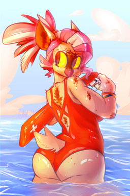 anthro beach bodily_fluids breasts butt clothed clothing dripping feathers female lifeguard looking_back non-mammal_breasts one-piece_swimsuit open-back_swimsuit outside pose seaside solo summer sun sweat swimwear thick_thighs water agoodowl ev avian bird owl 2:3 hi_res pinup
