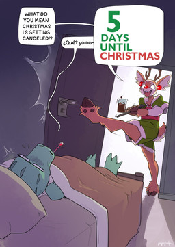 anthro antlers bed bedding bedroom blanket bodily_fluids brown_body brown_fur candy chocolate chocolate_milk clothed clothing cloven_hooves coat container cookie cookies_and_milk countdown cup dark_room dessert dialogue doorway drinking_glass duo ear_piercing eyewear female flavored_milk food fur furniture glass glass_container glass_cup glasses green_body green_scales holding_tray holidays hooves horn humor ill kick kicking_door male milk o_o one_leg_up open_mouth open_smile piercing pillow raised_leg red_nose scales scientific_instrument smile speech_bubble standing_in_doorway surprised tears text thermometer topwear under_covers parabellux christmas drawligator_(character) renata_(drawligator) alligator alligatorid crocodilian deer mammal new_world_deer reindeer reptile scalie absurd_res english_text hi_res spanish_text