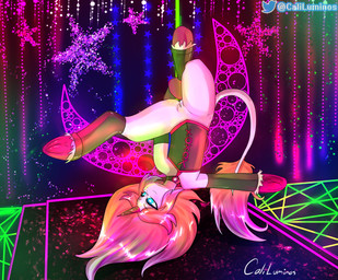 bottomless clothed clothing dancing female genitals horn nightclub pole pole_dancing solo stripper_pole upside_down vulva caliluminos mythology equid equine horse mammal mythological_creature mythological_equine pony unicorn absurd_res digital_drawing_(artwork) digital_media_(artwork) hi_res signature