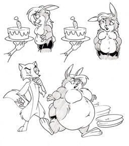 anthro belly big_belly big_breasts breasts cake dessert duo female food male obese overweight simple_background weight_gain white_background krystalvix canid canine fox lagomorph leporid mammal rabbit 2012