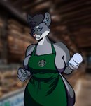 5_fingers anthro apron apron_only big_breasts big_female biped black_outline blue_eyes blue_nails breasts cheek_tuft clothed clothing colored_nails container cup ear_piercing eyebrows facial_tuft female fingers fur glass green_apron green_clothing grey_body grey_fur grey_hair hair holding_container holding_cup holding_object holding_pen huge_breasts looking_at_viewer mostly_nude multicolored_body multicolored_fur nails outline partially_clothed pen photo_background piercing pink_nose slightly_chubby slightly_chubby_anthro slightly_chubby_female smile smiling_at_viewer solo topwear tuft white_body white_fur wide_hips wide_waist mitsuge i_mean_breast_milk starbucks bente_asnes_odebakk starbucks_siren cougar felid feline felis mammal pantherine 2021 colored digital_media_(artwork) half-length_portrait hi_res meme photography_(artwork) portrait shaded