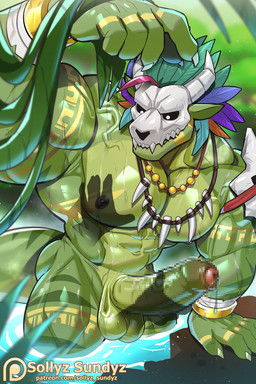 abs anthro areola armband_tattoo balls barazoku biceps big_muscles big_pecs bone bone_mask bone_necklace bottomwear claws clothed clothing disembodied_hand erection feathers finger_claws forearm_muscles foreskin forest genitals gold_tattoo green_body green_scales hand_on_chest hand_on_pecs handjob horned_skull huge_muscles huge_pecs huge_thighs humanoid_genitalia humanoid_penis jewelry loincloth loincloth_only male manly mask muscular muscular_anthro muscular_arms muscular_legs muscular_male muscular_thighs necklace nipples non-mammal_nipples nude partially_submerged pecs penile penis plant rock scales sex skull skull_mask skull_pauldron solo tattoo thick_arms thick_thighs topless tree vein veiny_penis water wet wet_body wet_scales yellow_tattoo sollyz terraria witch_doctor_(terraria) lihzahrd lizard reptile scalie 2:3 censored mosaic_censorship