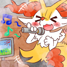>o< ambiguous_anthro ambiguous_gender anthro biped blush cute_fangs detailed_background dipstick_tail electronics emanata fangs featureless_crotch food front_view gesture holding_microphone holding_object inside karaoke markings microphone musical_note musical_symbol object_in_tail open_:3 open_mouth open_smile raised_finger raised_pinky shrimp_(food) singing smile snout solo symbol tail tail_markings teeth text annyui0611 nintendo pokemon braixen canid generation_6_pokemon mammal pokemon_(species) 1:1 2022 digital_drawing_(artwork) digital_media_(artwork) hi_res japanese_description japanese_text portrait three-quarter_portrait translated_description