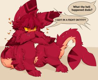 4_fingers 4_toes ambiguous_gender annoyed anthro arm_fin arm_markings arm_tuft bite_mark bodily_fluids claws dialogue_box dorsal_fin ear_markings eye_through_hair eyebrow_through_hair eyebrows feet fin finger_claws fingers fish_tail fluffy fluffy_tail fur fur_markings hair heart_symbol leg_markings leg_tuft markings offscreen_character red_body red_fur saliva shark_tail sitting solo speech_bubble swirl_eyes tail tail_markings tail_tuft tears text toe_claws toes translucent translucent_hair tuft yellow_eyes yellow_sclera gaogomon gaogomon_(oc) aquatic fish shark colored english_text hi_res male_(lore)