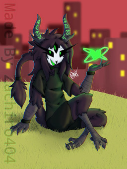 anthro city cityscape claws curved_horn dark_body dark_fur digitigrade fur glowing glowing_heart glowing_horn grass green_eyes horn magic male outside plant runes sitting skyline solo tail tail_tuft tuft white_face zachiro404 hellaverse helluva_boss fan_character nyxverd_(zachiro404) demon goetia 3:4 hi_res signature