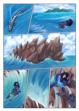 ambiguous_gender anthro biped black_body black_fur black_hair black_tail clothed clothing dark_body dark_skin day ear_fins feral fin fur hair island sea split_form swimming tail water wave bjekkergauken mythology imbali_(bjekkergauken) aquatic fish merfolk unknown_species 2026 colored comic hi_res