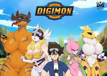 anthro armor big_breasts black_sclera blonde_hair blush breasts butt clothing female fur genitals group hair headgear helmet horn male male/female nipples not_furry open_mouth orange_body plant tail vulva white_body wings yellow_body yellow_fur mrmapache bandai_namco digimon angel angewomon canid canine digimon_(species) dinosaur elemental_creature flora_fauna greymon human humanoid lillymon mammal prehistoric_species renamon reptile scalie absurd_res digital_media_(artwork) hi_res