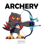 anthro archer archery arrow_(weapon) bandai_namco beak black_body black_feathers bow_(weapon) claws digimon digimon_(species) english_text falcomon feathers feet male op7804620 ranged_weapon solo talons text toes weapon yellow_eyes