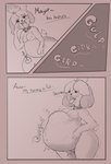 abdominal_bulge anthro anthro_pred belly big_belly breasts collar dialogue digestion digestion_noises fatal_vore female female_pred gaping_mouth imminent_vore open_mouth oral_vore same_size_vore solo swallowing unseen_prey vore willing_pred badartist animal_crossing nintendo isabelle_(animal_crossing) canid canine canis domestic_dog mammal comic digital_media_(artwork) hi_res