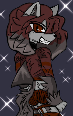 anthro bottomwear clothing femboy fin fluffy hair inner_ear_fluff legwear male muzzle_(object) paws red_eyes shirt skirt solo stockings tail teeth topwear tuft lackydayz alexandra_(lackydayz) aquatic canid canine canis fish hybrid mammal shark wolf