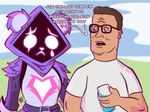 anthro armor belt beverage black_eyebrows black_eyewear black_glasses black_mouth blue_sky bodily_fluids breed brown_hair clothing cloud dialogue duo eyebrows eyewear female gauntlets glasses gloves grey_inner_ear hair handwear holding_beverage holding_object looking_at_another male mature_human mature_male open_mouth outside pink_tongue purple_body purple_ears sad shirt sky speech_bubble talking_to_another tan_body tan_skin tears teeth text tongue topwear white_clothing white_eyebrows white_eyes white_nose white_shirt white_topwear goofy_horns epic_games fortnite king_of_the_hill hank_hill raven_team_leader bear human mammal 2025 4:3 cel_shading colored digital_media_(artwork) english_text hi_res shaded signature