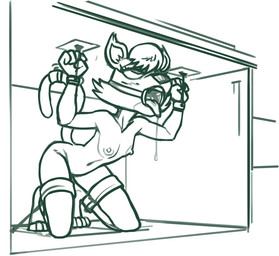 anthro bdsm blush bodily_fluids bondage bound breasts cuff_(restraint) eye_roll female flat_chested free_use kneeling leg_restraint mouth_ring nude open_mouth public_use restraints saliva saliva_string small_breasts solo tail_restraint tongue tongue_out under_table redout cryptokids crypto_cat domestic_cat felid feline felis mammal 2026 hi_res monochrome