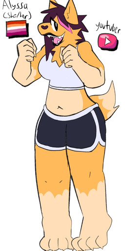 4_toes 5_fingers anthro black_bottomwear black_clothing black_lips black_shorts bottomwear bra brown_hair clothing dolphin_shorts feet female fingers fox_tail fur gloves_(marking) hair hair_over_eye heart_nose heart_symbol highlights_(coloring) hotpants leg_markings lesbian_pride_colors lgbt_pride lips markings orange_body orange_fur pink_highlights pride_colors shorts simple_background socks_(marking) solo text toes underwear white_background youtube_logo bigsteppies youtube alyssa_(bigsteppies) canid mammal english_text hi_res