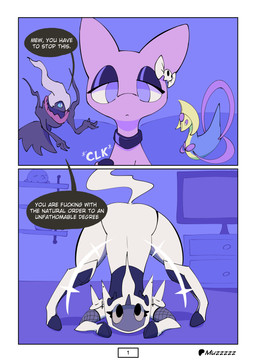 ass_up bow_ribbon clicker clicker_training clothed clothed_feral clothing collar dialogue ear_piercing ear_ring eyeliner feral fishnet_clothing group inside looking_at_viewer makeup piercing profanity ring_piercing shoulder_angel shoulder_devil speech_bubble text trio muzzzzz nintendo pokemon arceus cresselia darkrai generation_1_pokemon generation_4_pokemon legendary_pokemon mew_(pokemon) pokemon_(species) 2026 absurd_res comic digital_media_(artwork) english_text hi_res