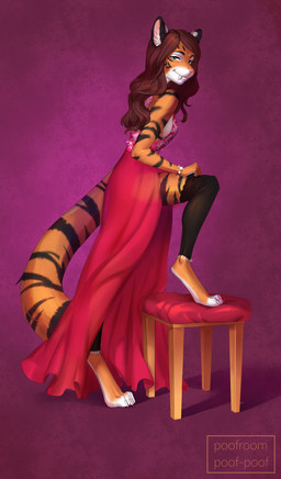 4_toes anklet anthro arm_markings barefoot biped black_clothing black_ears black_eyebrows black_leg_warmers black_legwear black_markings black_stripes bracelet breasts brown_hair claws closed_smile clothed clothed_anthro clothed_female clothing countershade_face countershade_feet countershade_fur countershade_hands countershade_neck countershade_torso countershading digitigrade dress ear_markings eye_markings eyebrows facial_markings fangs feet female female_anthro fingers fur furniture green_eyes hair half-closed_eyes head_markings humanoid_hands inner_ear_fluff iris jewelry leg_markings leg_warmers legwear long_hair long_tail looking_aside looking_aside_at_viewer looking_at_viewer markings monotone_hair mouth_closed multicolored_body multicolored_fur narrowed_eyes orange_body orange_fur orange_tail orange_text paws pink_inner_ear pink_nose pupils purple_background red_clothing red_dress sabertooth_(anatomy) shoulder_markings side_boob side_view simple_background slim slim_anthro slim_female smile smiling_at_viewer solo standing step_pose stool striped_body striped_fur striped_markings striped_tail stripes tail tail_markings teeth text toe_claws toeless_(marking) toes tuft white_body white_claws white_countershading white_fur white_inner_ear_fluff white_markings white_sclera white_toes white_tuft poofroom alex_marx felid mammal pantherine tiger absurd_res artist_name digital_media_(artwork) english_description full-length_portrait hi_res portrait shaded