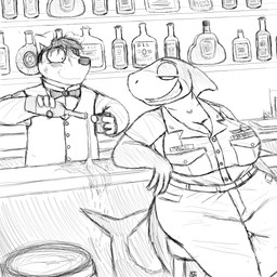 alcohol bar bartender bedroom_eyes beverage big_breasts big_butt blush bodily_fluids breasts butt clothed clothing duo female flirting grin half-closed_eyes huge_breasts humor liquor male military narrowed_eyes navy nervous seductive smile sweat uniform wide_hips komododad u.s._navy helen_sack_(savagelyrandom) canid canine canis domestic_dog fish mammal marine shark 1:1 2019 black_and_white hi_res monochrome