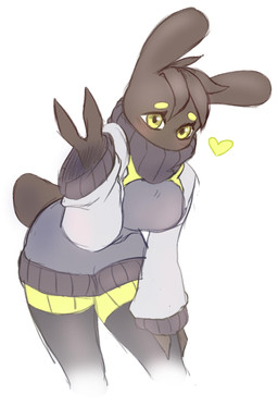 antennae_(anatomy) anthro arthropod_abdomen biped blush blush_lines breasts brown_body clothing eyebrows eyelashes female gesture green_eyebrows green_eyes hand_gesture hand_on_leg hand_on_own_leg heart_symbol leaning leaning_forward legwear looking_at_viewer non-mammal_breasts oversized_clothing oversized_sweater oversized_topwear simple_background small_tail solo sweater tail thigh_highs topwear turtleneck v_sign wide_hips proxicute arachnid arthropod harvestman 2019 hi_res