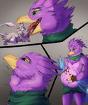 ambiguous_gender ambiguous_prey anthro anthro_pred anthro_prey avian_feet beak biped blue_body bodily_fluids clothing countershading feathered_crest feathered_wings feathers green_eyes grey_body grey_feathers head_crest larger_pred licking male markings multiple_prey neck_bulge oral_vore pink_body saliva scarf tail tail_feathers tongue tongue_out vore white_body white_feathers winged_arms wings yellow_markings olty dervali gyro_feather avali avian bird galliform peafowl phasianid hi_res