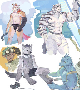 anthro bottomwear bulge claws clothing fur grey_body group hair holding_object horn leggings legwear long_hair looking_away male multiple_poses muscular muscular_anthro muscular_male pose scar tail tan_body tan_fur underwear saturivern arknights hypergryph studio_montagne weibo ethan_(arknights) hung_(arknights) mountain_(arknights) skybox_(arknights) spot_(arknights) blue_iguana canid canine canis domestic_dog felid humanoid hyena iguana iguanid lizard mammal pantherine reptile savra_(arknights) scalie spotted_hyena tiger 2026 hi_res