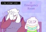 anthro blush breasts claws clothed clothing dialogue duo facepalm female frown fur horn hospital male neck_brace shirt text topwear vest white_body white_fur fatz_geronimo undertale undertale_(series) asriel_dreemurr toriel boss_monster_(undertale) bovid caprine goat mammal comic english_text