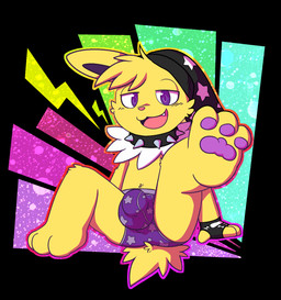 3_fingers 3_toes anthro anthrofied arm_support biped black_blush black_clothing black_collar black_gloves black_handwear black_hat black_headwear blush blush_lines briefs bulge cheek_tuft clothed clothed_anthro clothed_male clothing collar detailed_bulge facial_tuft fangs feet feet_up fingerless_gloves fingers fur glistening glistening_eyes gloves green_outline handwear hat headgear headwear hindpaw looking_at_viewer male male_anthro multicolored_body multicolored_clothing multicolored_fur multicolored_gloves multicolored_handwear multicolored_outline neck_tuft open_mouth open_smile orange_outline outline pattern_briefs pattern_clothing pattern_hat pattern_headgear pattern_headwear pattern_underwear pawpads paws pink_nose print_briefs print_clothing print_hat print_headgear print_headwear print_underwear purple_briefs purple_clothing purple_eyes purple_inner_ear purple_outline purple_pawpads purple_underwear red_outline smile smiling_at_viewer solo spiked_collar spikes tail teeth toes tongue topless topless_anthro topless_male tuft two_tone_body two_tone_clothing two_tone_fur two_tone_gloves two_tone_handwear underwear white_body white_clothing white_fur white_gloves white_handwear yellow_body yellow_fur yellow_outline yellow_tail young oob nintendo pokemon canid eeveelution generation_1_pokemon jolteon mammal pokemon_(species) 2026 digital_drawing_(artwork) digital_media_(artwork) hi_res