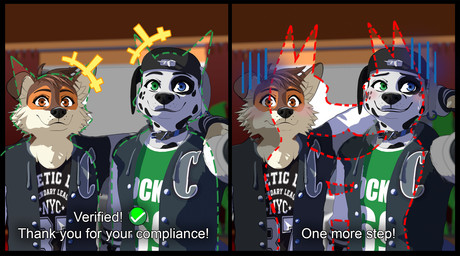 anthro backwards_hat baseball_cap blush clothing collar college_clothing college_dorm college_student duo hat headgear headwear heterochromia jacket male shirt text text_on_clothing text_on_shirt text_on_topwear topwear trend verification ariesartist face_verification_meme lucas_(ariesartist) matthew_(ariesartist) border_collie canid canine canis collie dalmatian domestic_dog herding_dog mammal pastoral_dog sheepdog 3d_(artwork) blender_(artwork) blender_eevee_(artwork) digital_media_(artwork) english_text hi_res meme