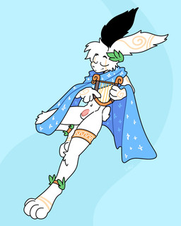 anklet anthro balls cheek_tuft eyes_closed facial_tuft flaccid fur genitals hair harp humanoid_genitalia humanoid_penis jewelry legband male musical_instrument penis plucked_string_instrument scarf simple_background smile solo string_instrument tuft white_background white_body white_fur white_hair xing1 lagomorph leporid mammal rabbit hi_res