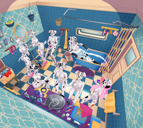 aged_up anthro anthrofied basket bathing bathroom bathtub breasts brush brushing brushing_teeth butt casual_nudity cellphone claw_foot_bathtub clothing collar container detailed_background electronics feet female footwear footwear_only fur genitals group holding_brush holding_cellphone holding_object holding_phone holding_smartphone holding_toothbrush inside looking_at_viewer lying markings mirror mostly_nude navel nipples nude on_back open_mouth partially_submerged phone sandals sandals_only shoes shower shower_head sink sitting sitting_on_toilet smartphone smile sponge spots spotted_body swimwear tail toilet toilet_use toothbrush toothpaste towel towel_around_neck vulva water dal101strefan 101_dalmatian_street 101_dalmatians disney da_vinci_(101_dalmatians) dallas_(101_dalmatians) dee_dee_(101_dalmatians) deja_vu_(101_dalmatians) destiny_(101_dalmatians) dizzy_(101_dalmatians) dolly_(101_dalmatians) dorothy_(101_dalmatians) triple_d_(101_dalmatians) canid canine canis dalmatian domestic_dog mammal digital_media_(artwork) hi_res sibling_(lore) sister_(lore) sisters_(lore) triplets_(lore)