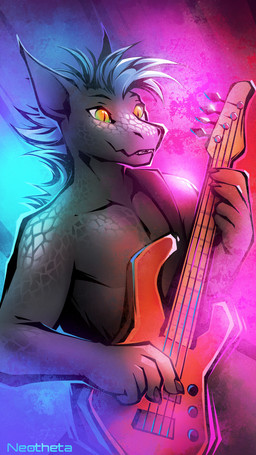 anthro bass_guitar biped claws fingers front_view guitar hair male musical_instrument plucked_string_instrument scales simple_background smile solo string_instrument neotheta mythology dragon mythological_creature mythological_scalie scalie 2026 9:16 digital_drawing_(artwork) digital_media_(artwork) hi_res