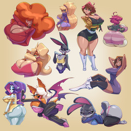 ahoge anthro big_breasts big_butt biped blonde_hair boots bottomwear bracelet breasts brown_hair buckteeth bulge butt cleavage clothed clothing ear_piercing ear_ring eyebrows eyelashes female footwear fur gloves grey_body grey_fur group hair hair_over_eye hair_over_eyes hands_behind_head handwear high_heeled_boots high_heels hoop_ear_ring huge_breasts huge_butt humanoid_pointy_ears jacket jewelry legwear male membrane_(anatomy) membranous_wings no_underwear notched_ear notched_wings open_mouth orange_hair piercing pointy_ears ponytail pupils purple_clothing purple_eyebrows purple_eyes purple_hair purple_jacket purple_topwear red_clothing ring_piercing shoes side_boob simple_background smile tail teeth thick_thighs thigh_highs topwear white_body white_boots white_clothing white_footwear white_gloves white_handwear white_high_heeled_boots white_high_heels wide_hips wings yellow_clothing yellow_jacket_(clothing) yellow_topwear bigdad activision crash_bandicoot_(series) disney friendship_is_magic gravity_falls hasbro invader_zim kim_possible looney_tunes my_little_pony nickelodeon sega sonic_the_hedgehog_(series) teenage_mutant_ninja_turtles warner_brothers zootopia april_o'neil bonnie_rockwaller bugs_bunny gaz_membrane judy_hopps mormoopia_rouge_(bigdad) pacifica_northwest rarity_(mlp) rouge_the_bat sara_bellum tawna_bandicoot bandicoot bat human humanoid mammal marsupial 1:1 2026 hi_res