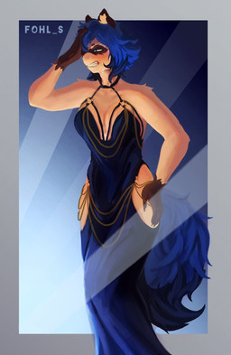 anthro arm_tuft black_clothing black_dress blue_eyes blue_hair blush breasts brown_body brown_fur clothing dipstick_tail dress eyebrows eyelashes facial_markings female fur gloves_(marking) hair hand_on_hip head_markings inner_ear_fluff markings mask_(marking) shoulder_tuft solo tail tail_markings tuft fohl_s brand_new_animal hollow_hip_backless_chain_dress studio_trigger michiru_kagemori canid canine mammal raccoon_dog tanuki 2026 hi_res