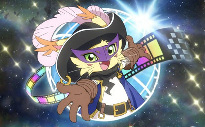 anthro belt buckle cape clothing fur gloves handwear hat hat_feather headgear headwear loose_feather male mask smile solo yellow_body yellow_fur youzaiyouzai112 bandai_namco digimon toei_animation digimon_(species) felid feline mammal nyabootmon