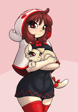 absolute_territory accessory bow_(feature) bow_accessory bow_ribbon bow_tie breasts brown_eyes brown_hair clothed clothing duo female feral fur furgonomics hair hood legwear looking_at_viewer ribbons standing tail tail_accessory tail_bow tail_ribbon tan_body tan_fur thigh_highs limebreaker momodora:_reverie_under_the_moonlight kaho_(momodora) domestic_cat felid feline felis human mammal hi_res