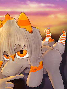 anthro butt clothing floppy_ears fur grey_body grey_fur hair horn legwear legwear_only lying male mostly_nude orange_clothing orange_eyes orange_horn orange_legwear orange_thigh_highs pattern_clothing pattern_legwear pattern_thigh_highs solo striped_clothing striped_legwear striped_thigh_highs stripes tail thigh_highs thigh_highs_only conditional_dnp gusta gusta_(gusta) bovid caprine goat mammal 3:4 hi_res