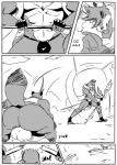 anthro backsack balls big_balls bottomwear bulge butt canid canine canis clothing comic dialogue digital_drawing_(artwork) digital_media_(artwork) duo fight genitals greyscale hi_res hoshi_(a_side) huge_balls jockstrap loincloth male male/male mammal monochrome muscular raccoon_dog reagan700 slightly_chubby tanuki underwear wolf