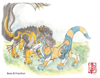 age_difference aroused duo erection feral male male/male size_difference fennec_(artist) dragon_booster mythology beau_(dragon_booster) fracshun_(dragon_booster) dragon mythological_creature mythological_scalie scalie hi_res painting_(artwork) watercolor_(artwork)