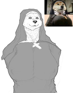 anthro big_breasts breasts clothed clothing cross cross_necklace eyeliner female fully_clothed huge_breasts jewelry makeup necklace nipple_outline nun nun_habit nun_outfit religious_clothing solo obleacream canid canine canis domestic_dog mammal shiba_inu spitz 2022 hi_res monochrome