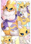 anthro areola big_breasts black_sclera blue_eyes blush breasts featureless_crotch female fur inverted_nipples nipples nude pink_areola pink_nipples smile tail white_body white_fur yellow_body yellow_fur hinata_sakamoto bandai_namco digimon canid canine digimon_(species) mammal renamon