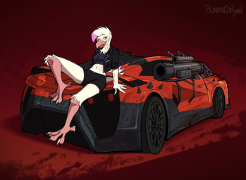 beak black_bottomwear black_clothing black_crop_top black_jacket black_shirt black_shorts black_topwear blood blood_on_arm blood_on_face bodily_fluids bottomwear brown_eyes clothing crop_top feathers female hair humanoid_hands jacket navel non-mammal_navel open_beak open_mouth purple_hair_tips red_background shirt shorts simple_background sitting_on_car solo topwear white_body white_feathers white_hair somesacredbird avian 2026 digital_drawing_(artwork) digital_media_(artwork) english_description