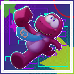 abstract_background accessory anthro belly biped blush blush_lines border cute_fangs dinosaur_tail dots fangs fist forced_perspective gradient_background jumping looking_up magenta_body male necktie overweight overweight_male perspective pink_belly purple_eyes simple_background slightly_chubby solo tail teeth jeyco_shiba gameoverse glitch_productions gobbles_(gameoverse) dinosaur learnosaurus prehistoric_species reptile scalie 1:1 absurd_res hi_res